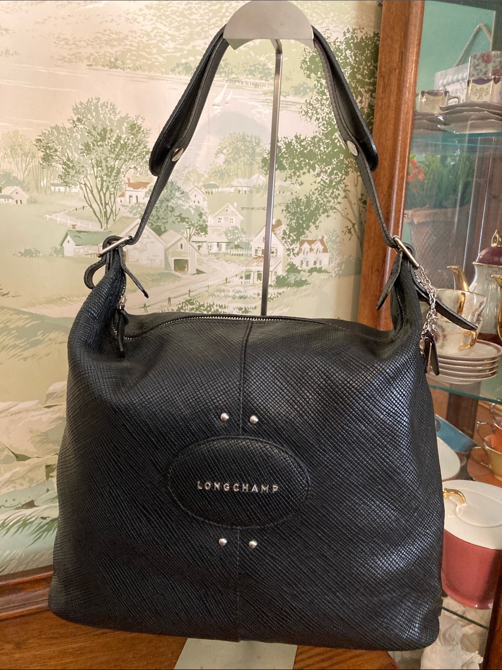 Longchamp NWOT Discontinued Quadri Black Textured Leather Hobo Bag